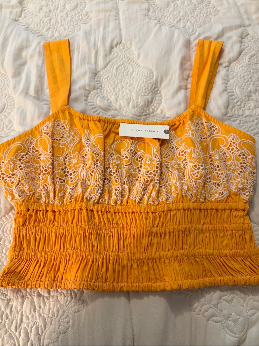 Anthropologie Golden Yellow Embroidered Smocked Crop Top